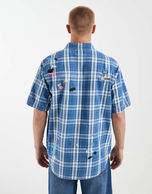 Aape by A Bathing Ape kortærmet ternet skjorte i blå og hvid med splatterkant, 3 af 5