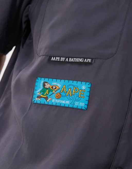AAPE BY A BATHING APE – Kurzärmliges Worker-Hemd in Dunkelgrau mit Stickerei hinten , 4 von 4