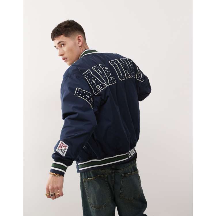 AAPE By A Bathing Ape logo college varsity jacket in navy | ASOS