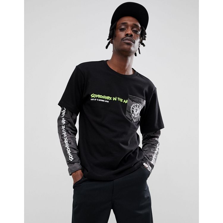 AAPE By A Bathing Ape Long Sleeve Layered T-Shirt With Contrast Camo Sleeve