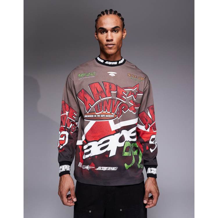 Aape by A Bathing Ape long sleeve motocross t-shirt in brown and