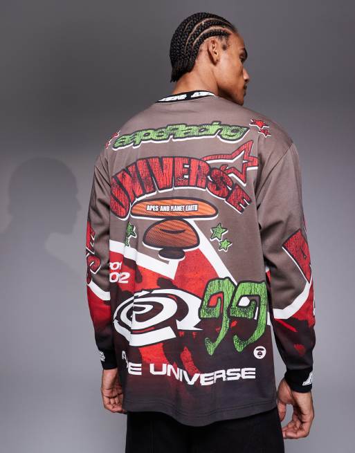Aape by A Bathing Ape long sleeve motocross t-shirt in brown and