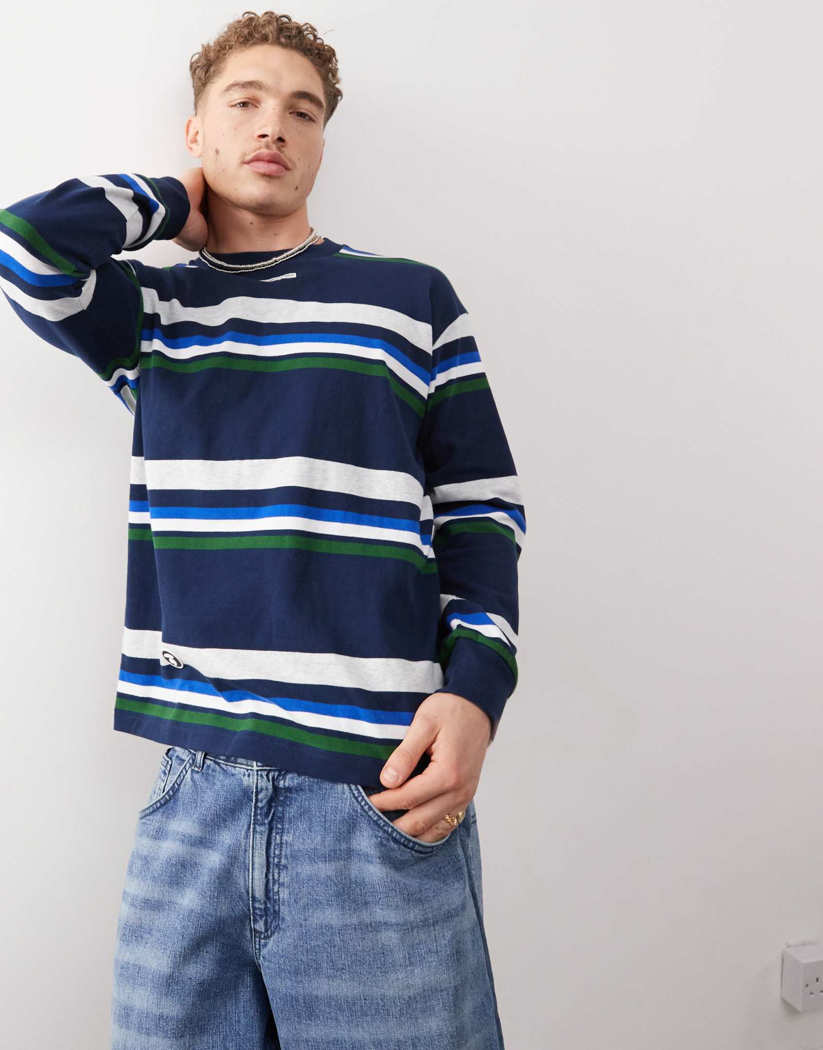 Футболка в полоску с длинным рукавом Aape By A Bathing Ape темно-синего цвета