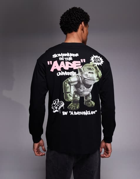 Aape by A Bathing Ape long sleeve t-shirt in off black with back and chest prints - view 1