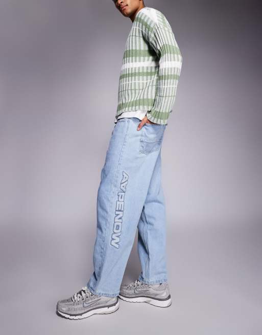 Aape by A Bathing Ape loose fit denim jeans in light blue with leg embroidery, 2 of 5