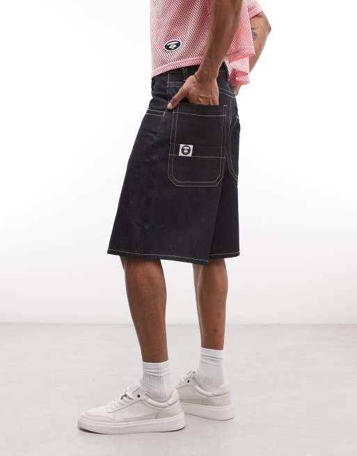 Aape by A Bathing Ape loose fit denim jorts in darkwash blue, 3 of 5