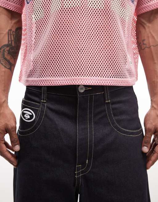 Aape by A Bathing Ape loose fit denim jorts in darkwash blue, 4 of 5