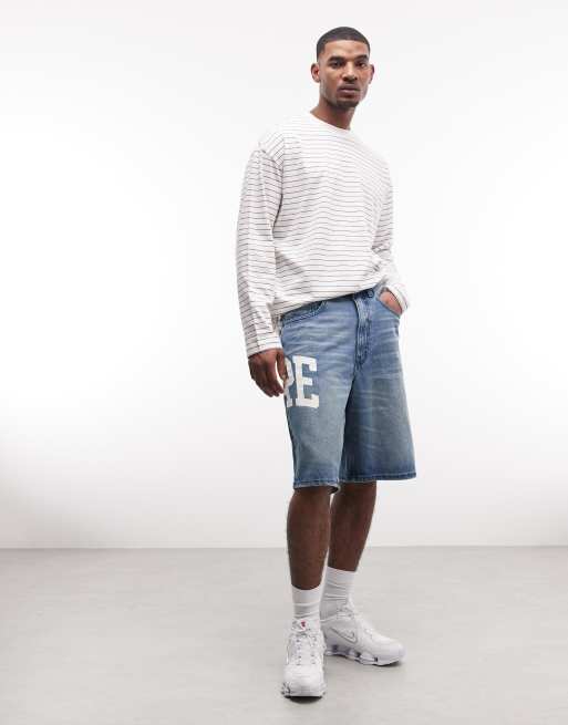 Aape by A Bathing Ape loose fit denim jorts in washed blue with logo print, 2 of 5