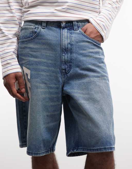 Aape by A Bathing Ape loose fit denim jorts in washed blue with logo print, 5 of 5