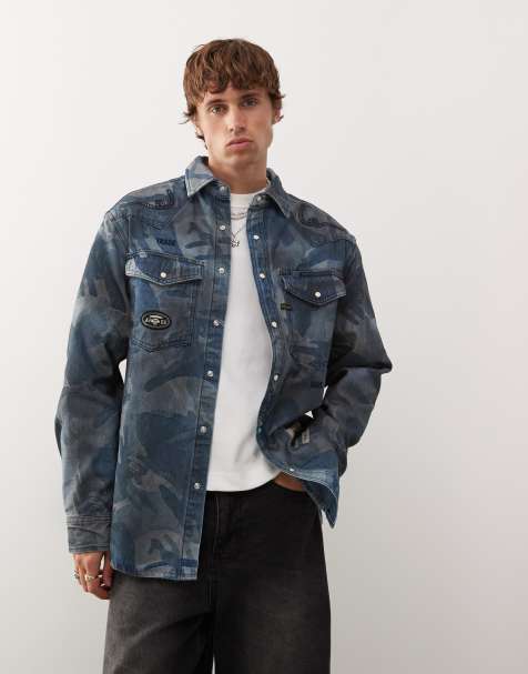 Aape By A Bathing Ape loose fit long sleeve denim shirt in blue camo jacquard - view 1