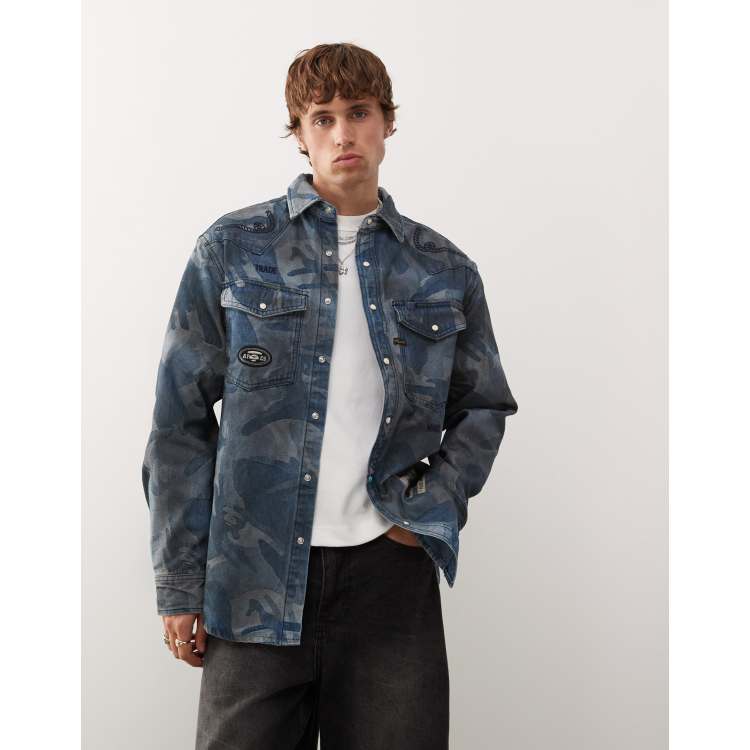A BATHING APE 長袖デニムカモ柄切り替えシャツ Mサイズ Aape By A Bathing Ape loose fit long sleeve denim shirt in blue