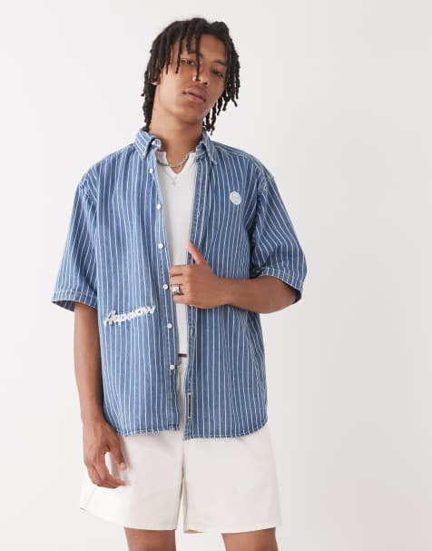 Aape by A Bathing Ape loose fit striped denim short sleeve shirt in midwash blue - view 1