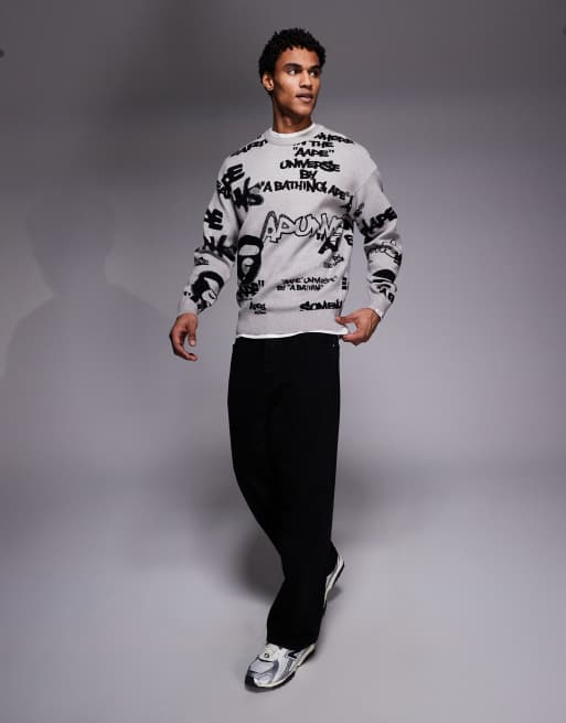 Aape by A Bathing Ape - Maglione lavorato grigio con stampa graffiti, 2 di 5