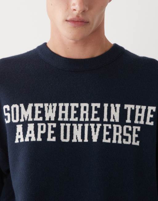 Aape By A Bathing Ape - Marineblå strikket trøje med logoprint foran og bagpå, 5 af 5