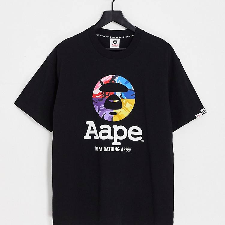 AAPE By A Bathing Ape multi color camo logo t-shirt in black | ASOS
