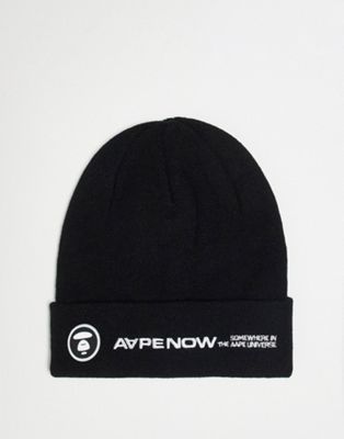 Aape by A Bathing Ape now beanie in black with logo embroidery and badge
