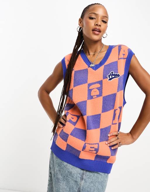 AAPE By A Bathing Ape – Orange och blårutigt, stickat linne i oversize
