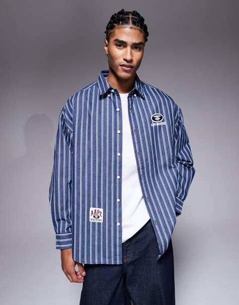Aape by A Bathing Ape oversized long sleeve striped shirt in navy blue with back embroidery - view 1