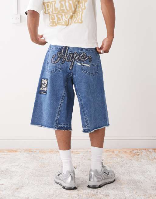 AAPE By A Bathing Ape - Pantaloncini di jeans lavaggio blu chiaro con logo ricamato , 4 di 5