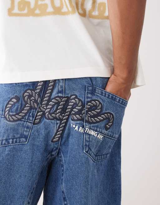 AAPE By A Bathing Ape - Pantaloncini di jeans lavaggio blu chiaro con logo ricamato , 5 di 5