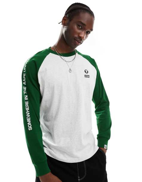 Aape by A Bathing Ape raglan long sleeve t-shirt in grey and green - view 1