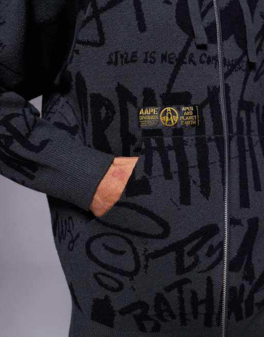 Aape By A Bathing Ape - Strikket sort hættetrøje med lynlås og gennemgående grafitti-print, 5 af 5
