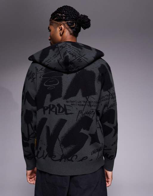 Aape by A Bathing Ape - Sweat à capuche en maille avec fermeture éclair et imprimé graffiti sur l'ensemble - Noir, 3 de 5