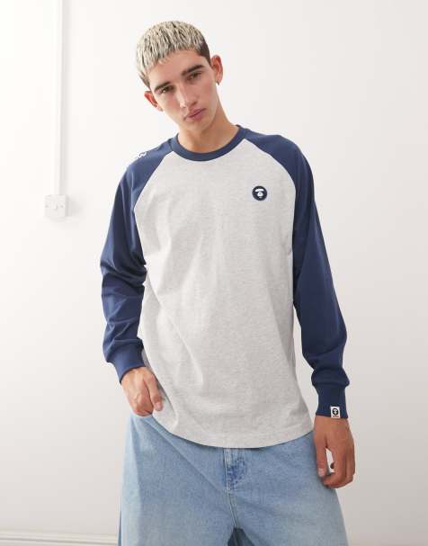 AAPE By A Bathing Ape – Szaro-granatowy T-shirt o pudełkowym kroju z długimi raglanowymi rękawami - view 1