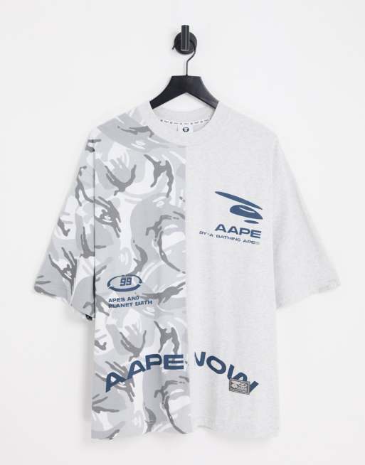 AAPE By A Bathing Ape – Szary T-shirt z łączonych elementów ze wzorem kamuflażowym