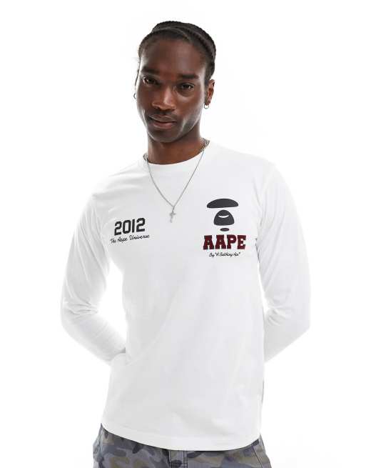 Aape By A Bathing Ape - T-shirt a maniche lunghe bianca con logo e stampa sul retro