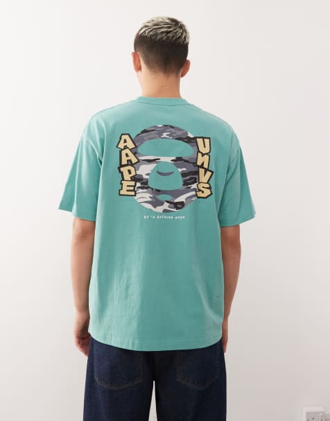 Aape by A Bathing Ape - T-shirt squadrata verde-azzurro con stampa del logo sul petto e sul retro - view 1