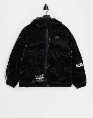 AAPE By A Bathing Ape taped puffer jacket with detachable hood in black - ASOS Price Checker