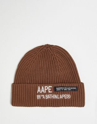 Aape by A Bathing Ape worker beanie in brown with logo embroidery
