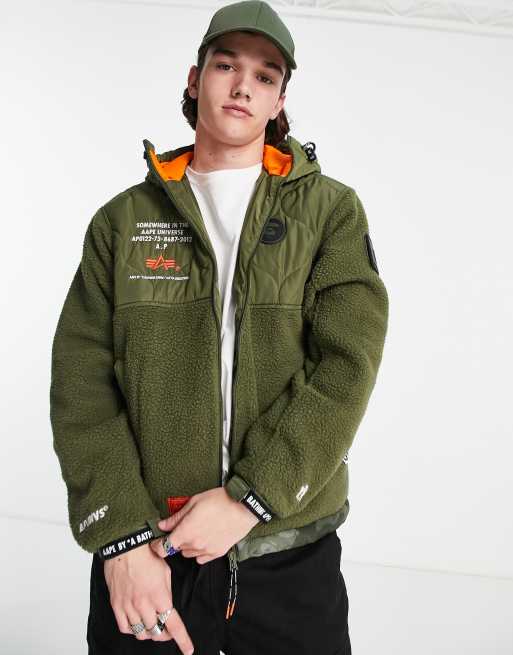 AAPE By A Bathing Ape x Alpha Industries sherpa jacket in khaki ASOS