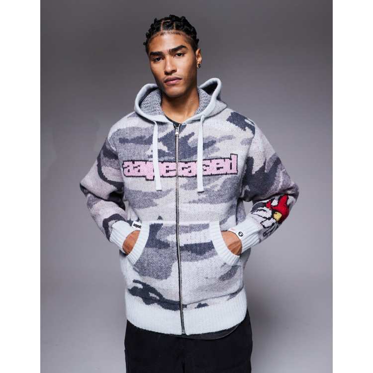Aape by A Bathing Ape x Erased knit zip up hoodie in grayscale