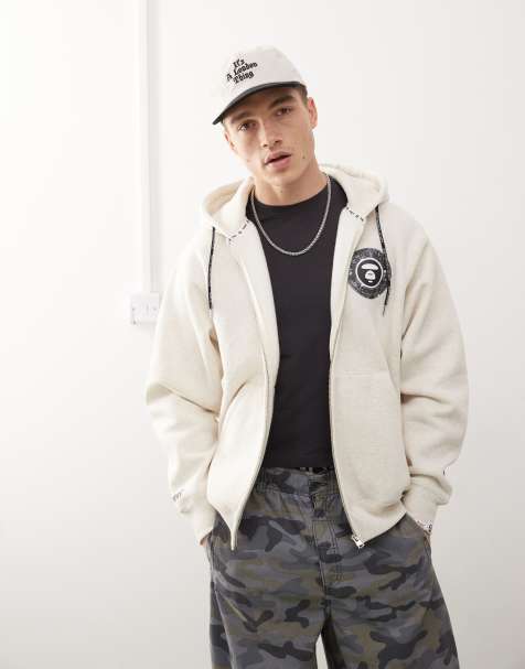 AAPE by A BATHING APE – Zapinana na zamek beżowa bluza z kapturem i logo - view 1