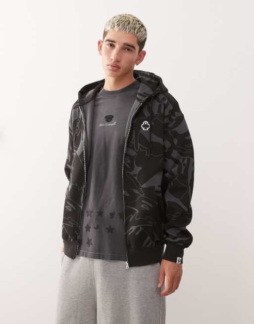 Aape by A Bathing Ape zip through hoodie in navy camo print with back logo embroidery