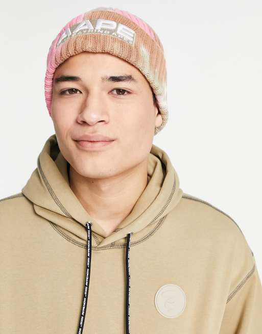 AAPE von A Bathing Ape – Strickmütze mit Rippenstruktur in beigefarbener Batikoptik