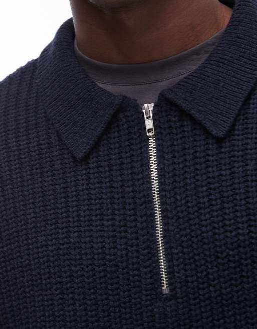 AASOS DESIGN – Marinblå, kraftig tröja i stickad ullmix med boxig oversize passform och kvartslång dragkedja, 5 av 5