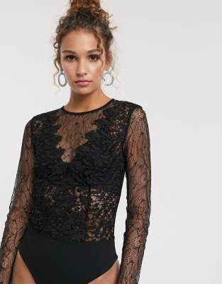 Lipsy Black Lace Long Sleeve Body