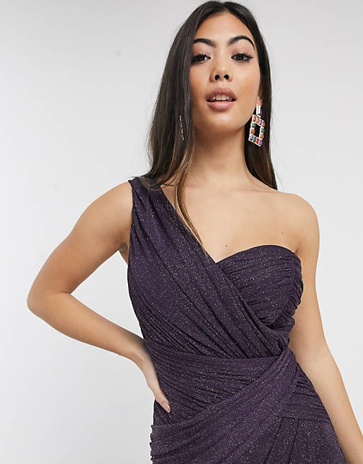 Abbey Clancy for Lipsy Petite one shoulder glitter maxi dress in purple
