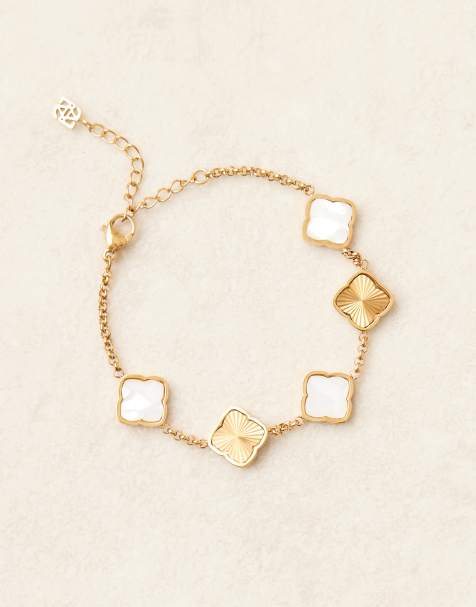Abbott Lyon – 18K guldpläterat, justerbart armband i vattentåligt, rostfritt stål med guldiga och pärlimitationsprydda klöverdetaljer - view 1