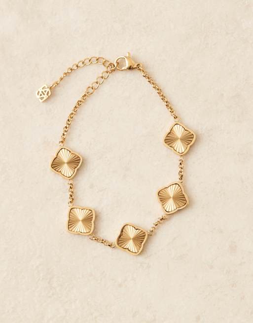 Abbott Lyon - Bracciale in acciaio inossidabile resistente all'acqua placcato oro 18 k con trifogli zigrinati, 2 di 4