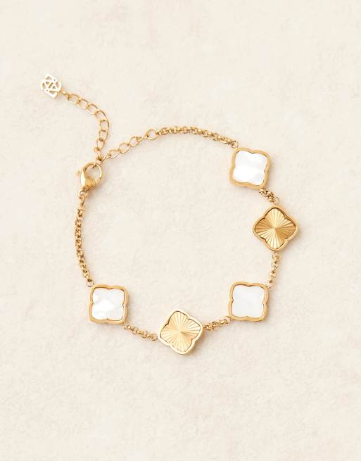Abbott Lyon - Bracciale regolabile in acciaio inossidabile resistente all'acqua placcato oro 18 k con trifogli in perle sintetiche e oro