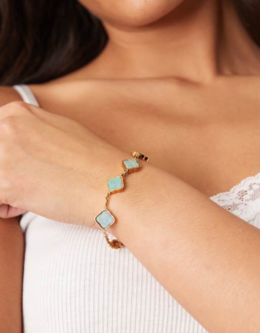 Abbott Lyon - Bracelet en acier inoxydable étanche plaqué or 18 carats avec trèfles ornés d'amazonite, 2 de 4