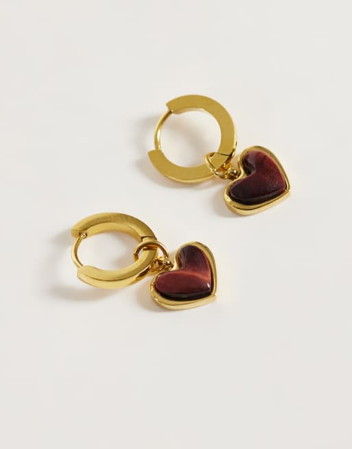 Abbott Lyon chocolate brown heart huggie hoops in 18k gold plated, 2 of 3