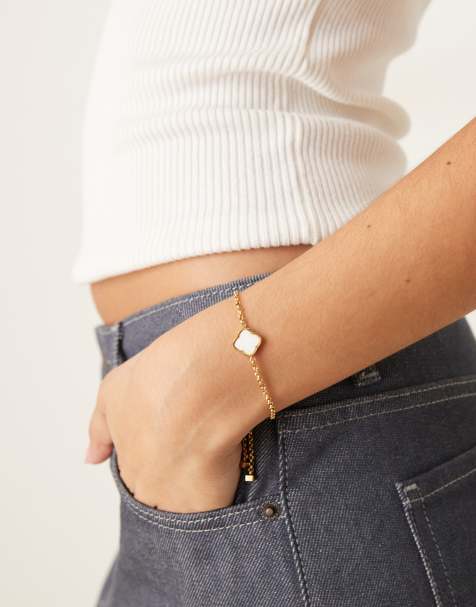 Abbott Lyon faux pearl clover adjustable bracelet in 18k gold plated waterproof stainless steel - view 1