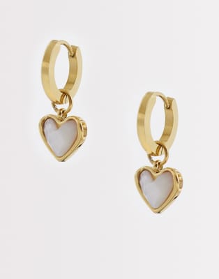 Abbott Lyon - Kleine Creolen aus Edelstahl in Goldoptik mit 18-Karat-Vergoldung und herzförmigen Quartz-Anhängern in Wei...