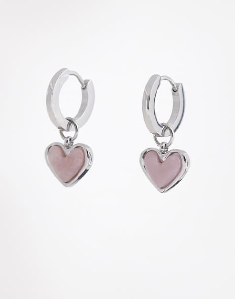 Abbott Lyon - Orecchini a cerchio piccoli argentati con cuore con opale rosa pallido - view 1