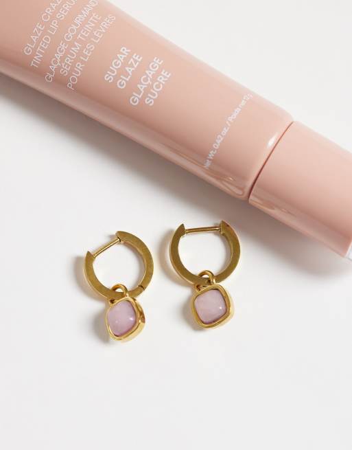 Abbott Lyon pale pink opal cushion huggie hoop earrings in 18k gold plate, 2 of 4